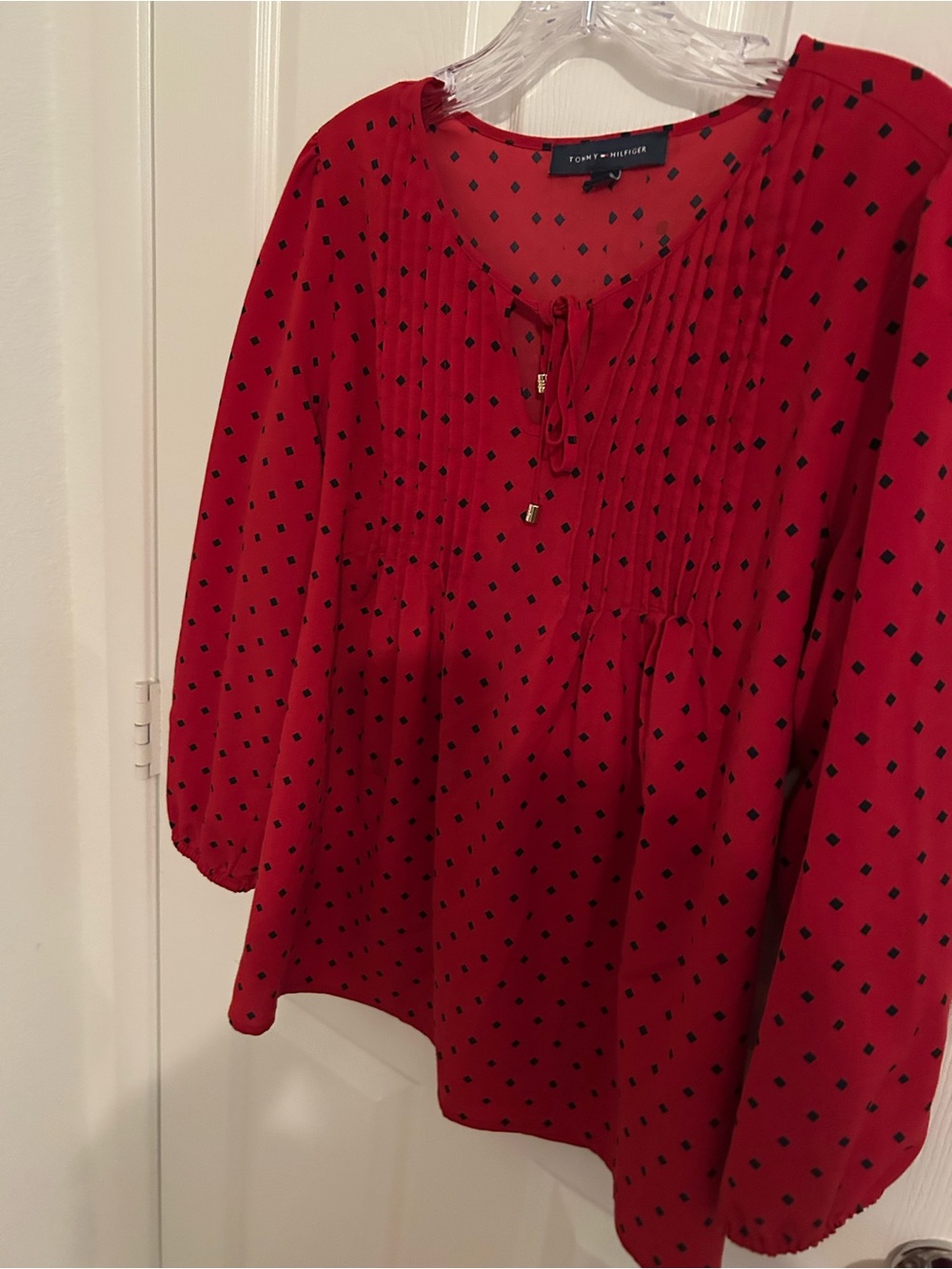 Tommy Hilfiger Red Pintuck Peasant Top with Black Dot Print